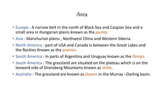 Area
• Europe : A narrow belt in the north of Black Sea and Caspian Sea and a
small area in Hungarian plains known as the pustaz.
• Asia : Manchurian plains , Northwest China and Western Siberia
• North America : part of USA and Canada is between the Great Lakes and
the Rockies Known as the prairies.
• South America : In parts of Argentina and Uruguay known as the Pamps.
• South America : The grassland are situated on the plateau which is on the
leeward side of Dransberg Mountains known as Velds.
• Australia : The grassland are known as Downs in the Murray –Darling basin.
 