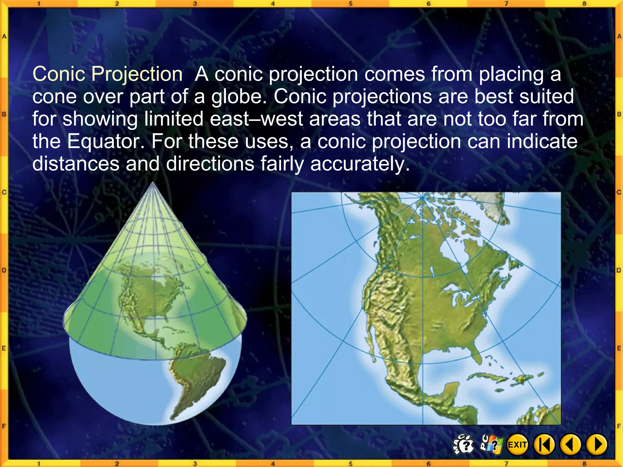 From Globes to Maps 7 Conic Projection  A conic projection comes from placing a cone over part of a globe. Conic projections are best suited for showing limited east–west areas that are not too far from the Equator. For these uses, a conic projection can indicate distances and directions fairly accurately. 