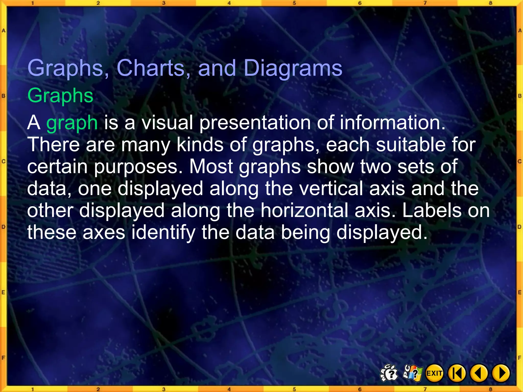 Graphs, Charts, and Diagrams 2 A  graph  is a visual presentation of information. There are many kinds of graphs, each suitable for certain purposes. Most graphs show two sets of data, one displayed along the vertical axis and the other displayed along the horizontal axis. Labels on these axes identify the data being displayed. Graphs Graphs, Charts, and Diagrams 
