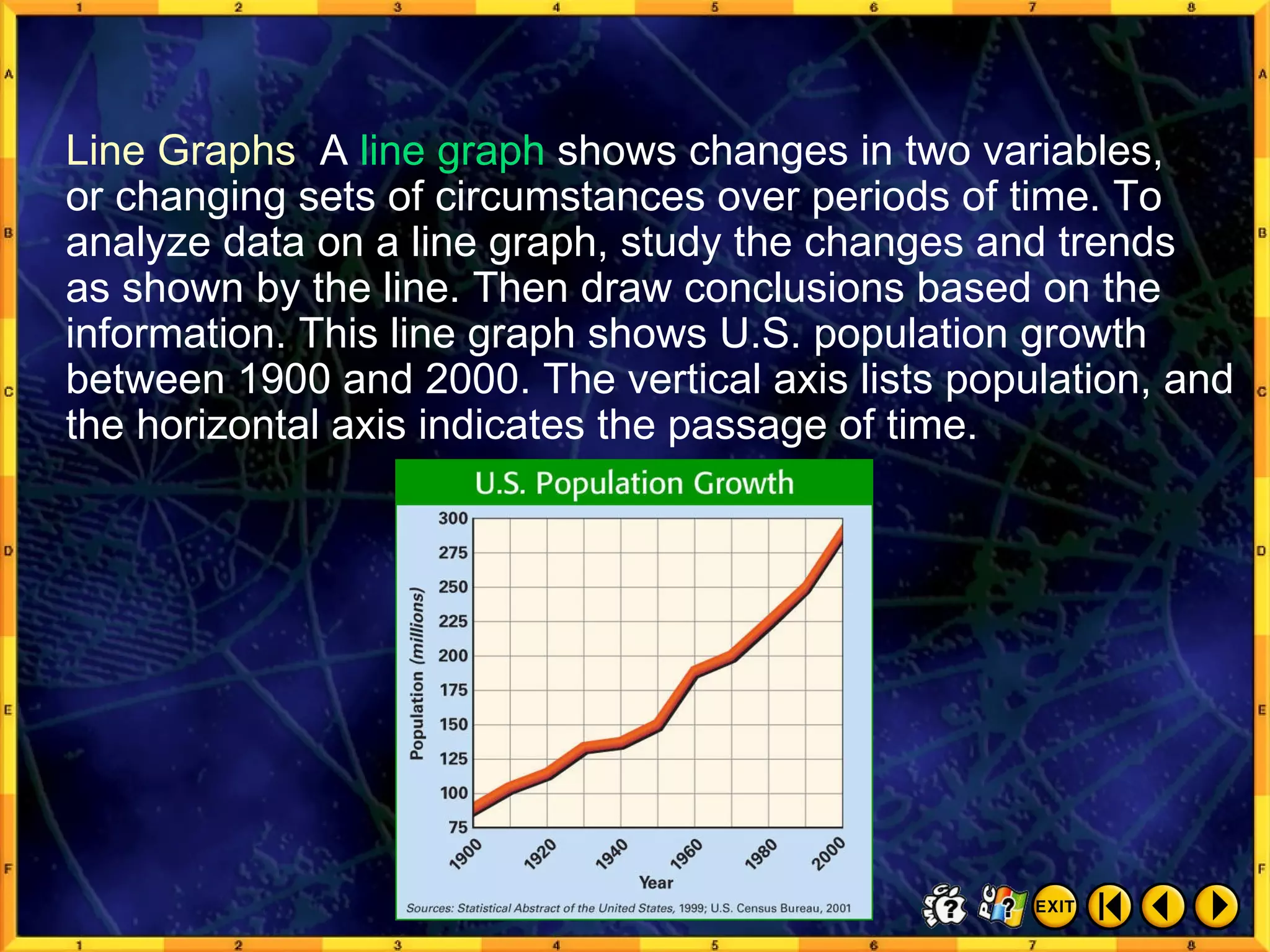 Graphs, Charts, and Diagrams 3 Line Graphs  A  line graph  shows changes in two variables,  or changing sets of circumstances over periods of time. To analyze data on a line graph, study the changes and trends  as shown by the line. Then draw conclusions based on the information. This line graph shows U.S. population growth between 1900 and 2000. The vertical axis lists population, and the horizontal axis indicates the passage of time. 