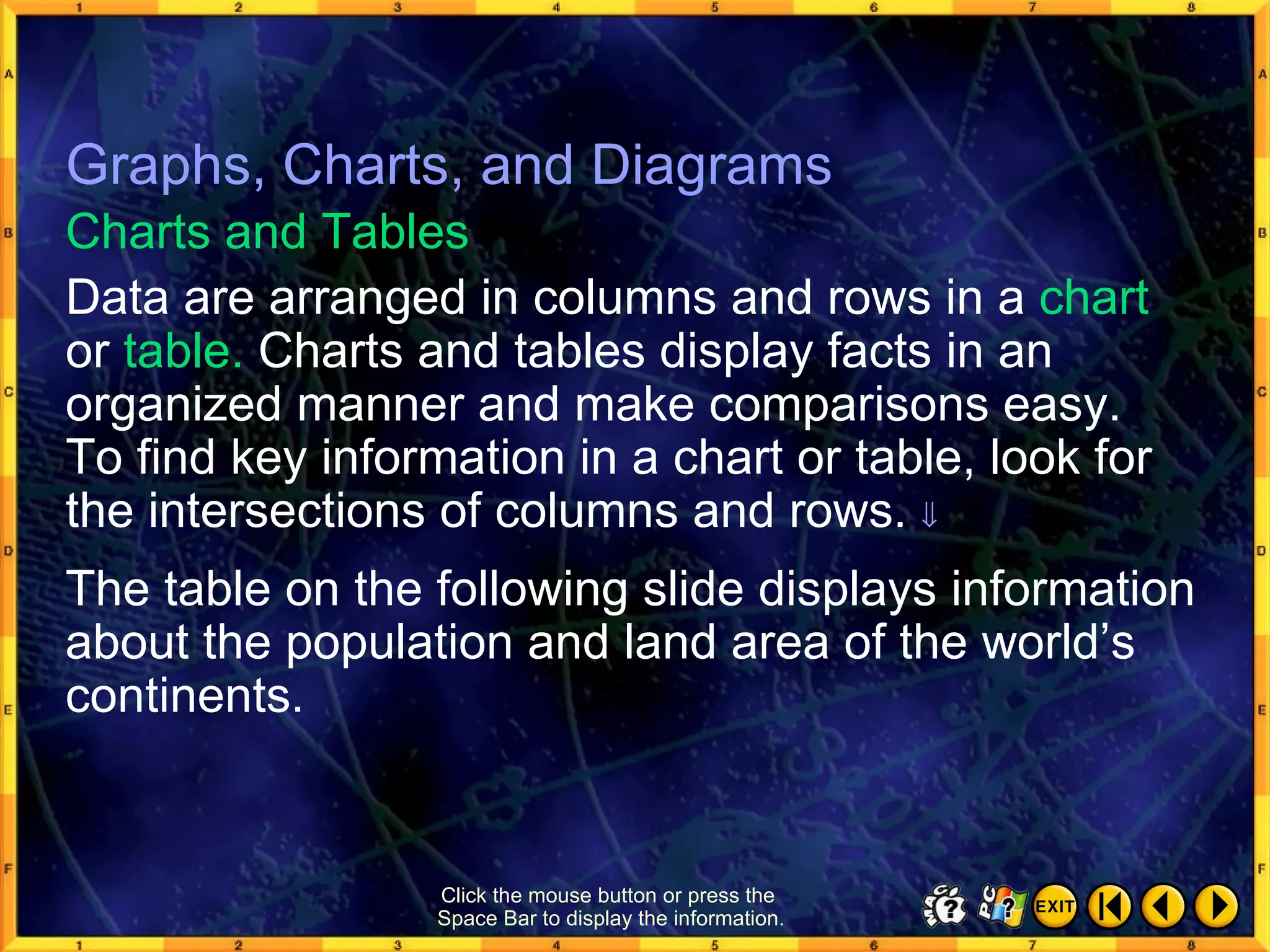 Graphs, Charts, and Diagrams 6 Data are arranged in columns and rows in a  chart   or  table.  Charts and tables display facts in an organized manner and make comparisons easy.  To find key information in a chart or table, look for the intersections of columns and rows.   Charts and Tables Graphs, Charts, and Diagrams Click the mouse button or press the  Space Bar to display the information. The table on the following slide displays information about the population and land area of the world’s continents. 