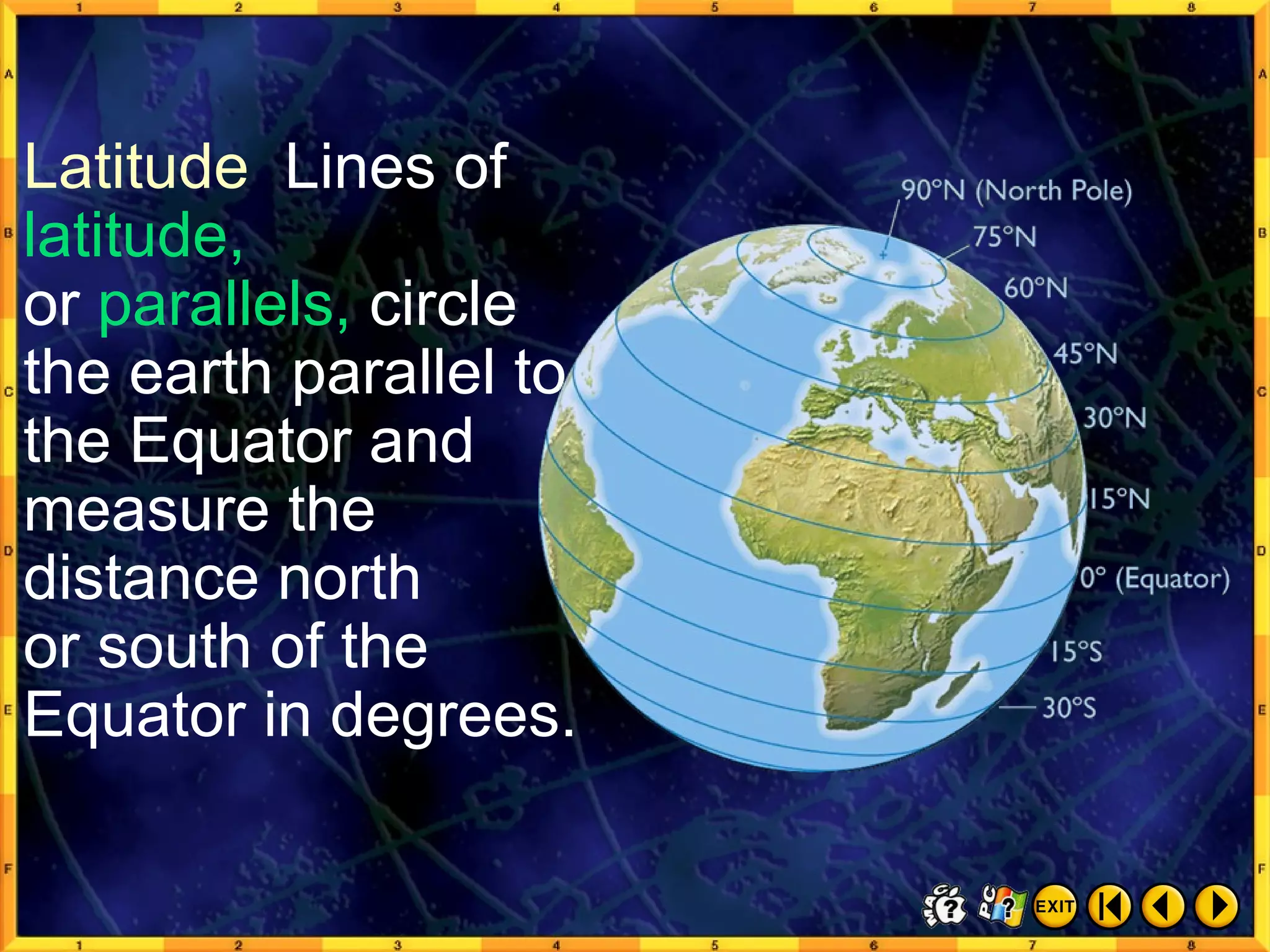 Thinking Like a Geographer 5 Latitude   Lines of  latitude,   or  parallels,  circle the earth parallel to the Equator and measure the distance north  or south of the Equator in degrees.  