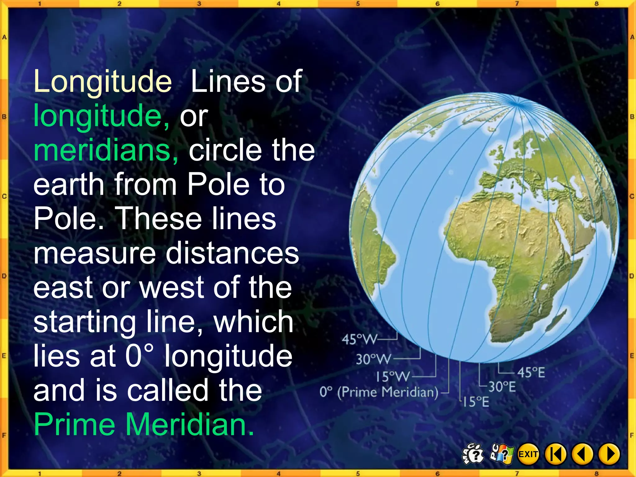 Thinking Like a Geographer 6 Longitude   Lines of  longitude,  or  meridians,  circle the earth from Pole to Pole. These lines measure distances east or west of the starting line, which lies at 0° longitude and is called the  Prime Meridian.   