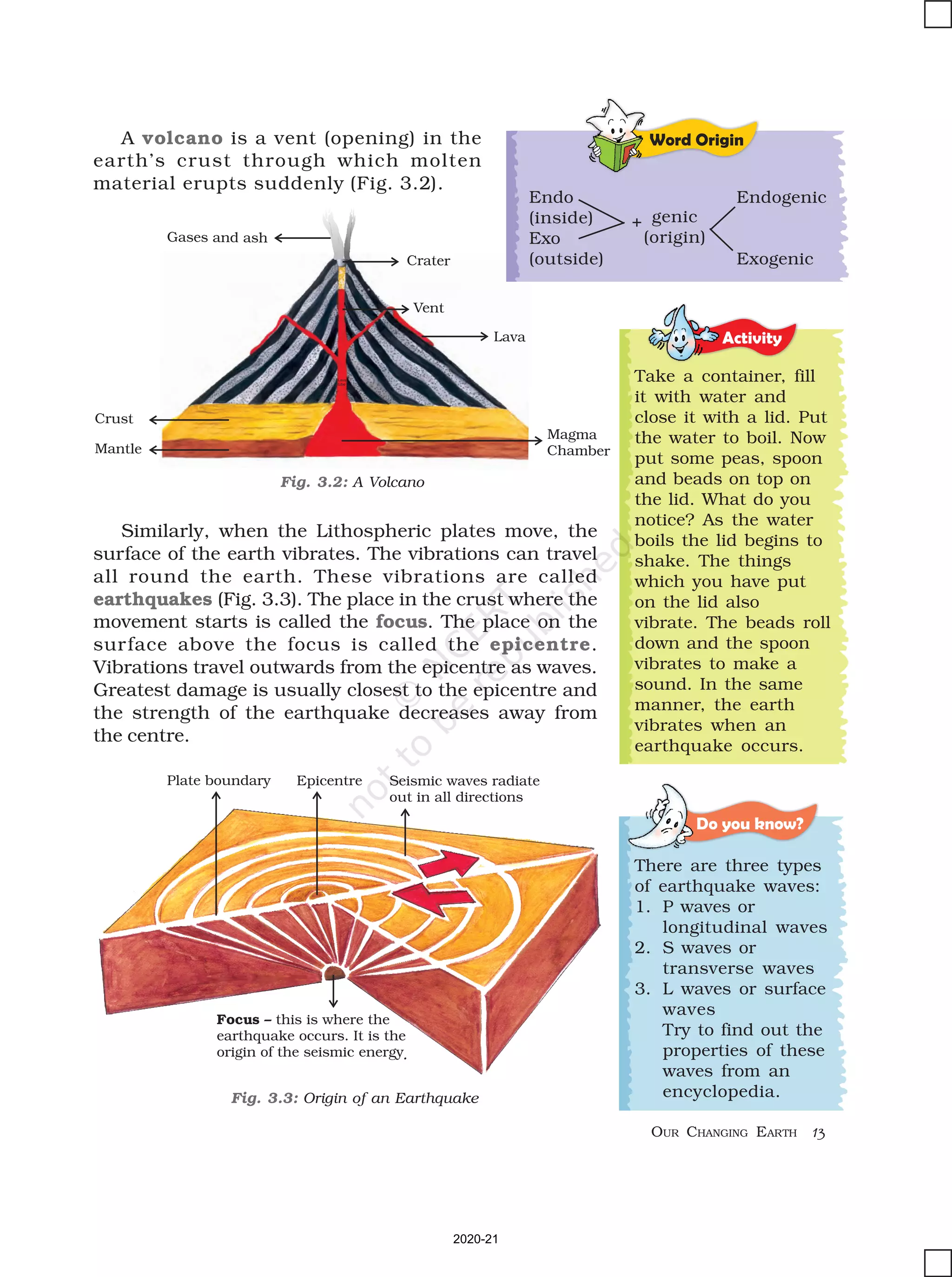 Crater
Lava
tube
Vent
Lava
Gases and ash
Crust
Mantle
Magma
Chamber
Word Origin
Fig. 3.2: A Volcano
Epicentre Seismic waves radiate
out in all directions
Plate boundary
Focus – this is where the
earthquake occurs. It is the
origin of the seismic energy
A volcano is a vent (opening) in the
earth’s crust through which molten
material erupts suddenly (Fig. 3.2).
Fig. 3.3: Origin of an Earthquake
Activity
Take a container, fill
it with water and
close it with a lid. Put
the water to boil. Now
put some peas, spoon
and beads on top on
the lid. What do you
notice? As the water
boils the lid begins to
shake. The things
which you have put
on the lid also
vibrate. The beads roll
down and the spoon
vibrates to make a
sound. In the same
manner, the earth
vibrates when an
earthquake occurs.
Do you know?
There are three types
of earthquake waves:
1. P waves or
longitudinal waves
2. S waves or
transverse waves
3. L waves or surface
waves
Try to find out the
properties of these
waves from an
encyclopedia.
Similarly, when the Lithospheric plates move, the
surface of the earth vibrates. The vibrations can travel
all round the earth. These vibrations are called
earthquakes (Fig. 3.3). The place in the crust where the
movement starts is called the focus. The place on the
surface above the focus is called the epicentre.
Vibrations travel outwards from the epicentre as waves.
Greatest damage is usually closest to the epicentre and
the strength of the earthquake decreases away from
the centre.
Endo
(inside)
Exo
(outside)
Endogenic
Exogenic
+ genic
(origin)
13
OUR CHANGING EARTH
.
2020-21
 