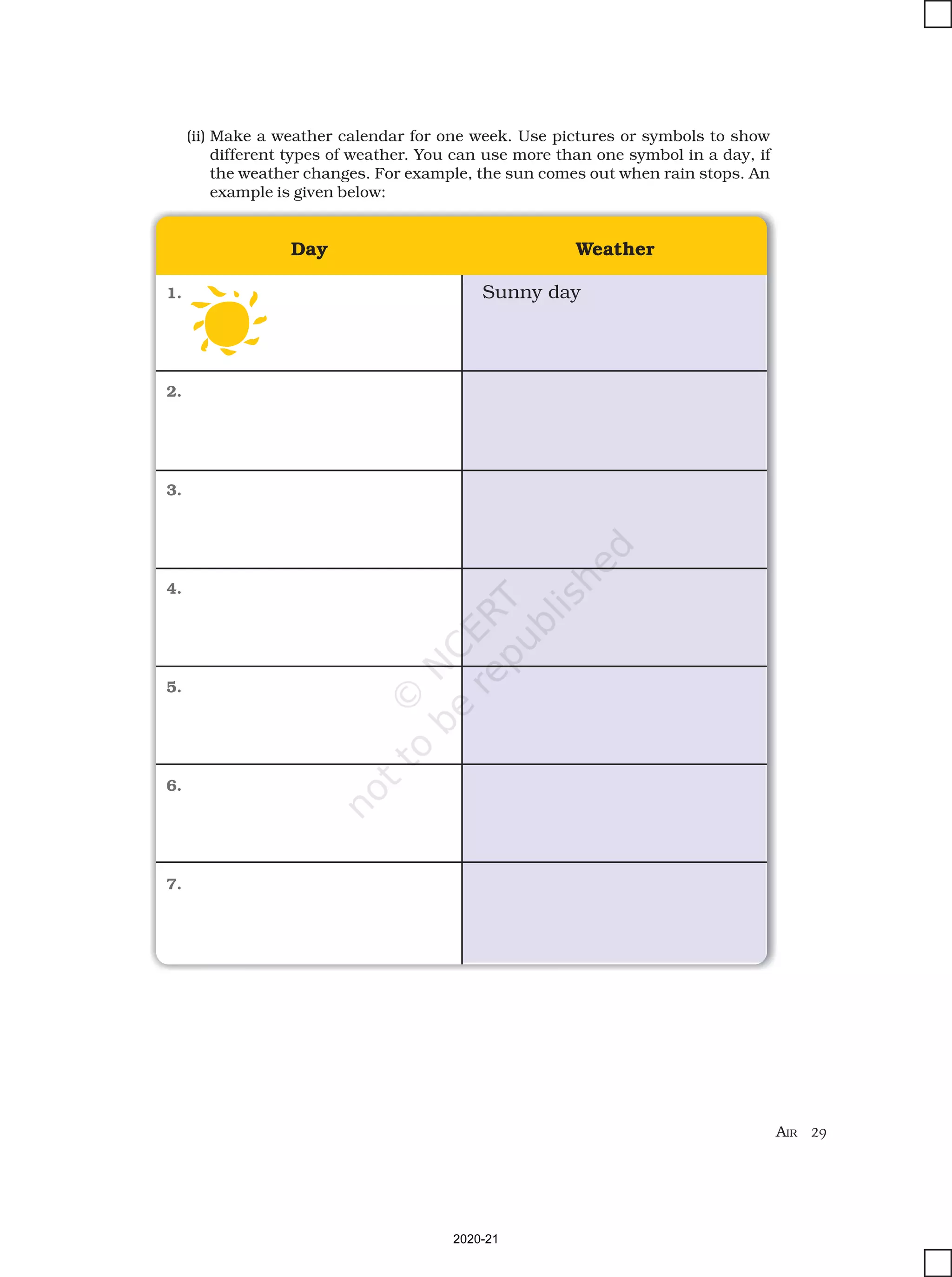 AIR 29
1.
2.
3.
4.
5.
6.
7.
Sunny day
Day Weather
(ii) Make a weather calendar for one week. Use pictures or symbols to show
different types of weather. You can use more than one symbol in a day, if
the weather changes. For example, the sun comes out when rain stops. An
example is given below:
2020-21
 