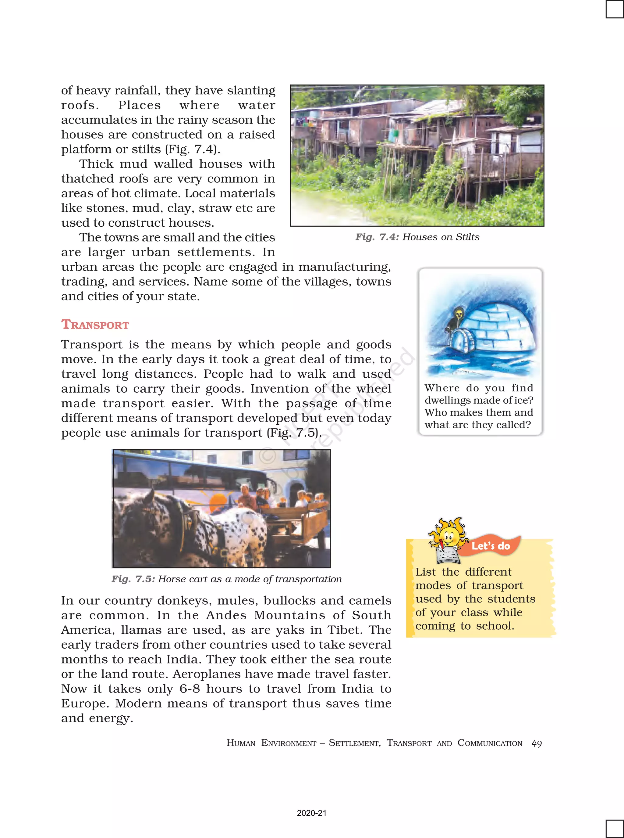 HUMAN ENVIRONMENT – SETTLEMENT, TRANSPORT AND COMMUNICATION 49
Let’s do
of heavy rainfall, they have slanting
roofs. Places where water
accumulates in the rainy season the
houses are constructed on a raised
platform or stilts (Fig. 7.4).
Thick mud walled houses with
thatched roofs are very common in
areas of hot climate. Local materials
like stones, mud, clay, straw etc are
used to construct houses.
The towns are small and the cities
are larger urban settlements. In
urban areas the people are engaged in manufacturing,
trading, and services. Name some of the villages, towns
and cities of your state.
TRANSPORT
Transport is the means by which people and goods
move. In the early days it took a great deal of time, to
travel long distances. People had to walk and used
animals to carry their goods. Invention of the wheel
made transport easier. With the passage of time
different means of transport developed but even today
people use animals for transport (Fig. 7.5).
Where do you find
dwellings made of ice?
Who makes them and
what are they called?
Fig. 7.5: Horse cart as a mode of transportation
List the different
modes of transport
used by the students
of your class while
coming to school.
Fig. 7.4: Houses on Stilts
In our country donkeys, mules, bullocks and camels
are common. In the Andes Mountains of South
America, llamas are used, as are yaks in Tibet. The
early traders from other countries used to take several
months to reach India. They took either the sea route
or the land route. Aeroplanes have made travel faster.
Now it takes only 6-8 hours to travel from India to
Europe. Modern means of transport thus saves time
and energy.
2020-21
 