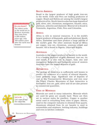 26	 Resources and Development
South America
Brazil is the largest producer of high grade iron-ore
in the world. Chile and Peru are leading producers of
copper. Brazil and Bolivia are among the world’s largest
producers of tin. South America also has large deposits of
gold, silver, zinc, chromium, manganese, bauxite, mica,
platinum, asbestos and diamond. Mineral oil is found in
Venezuela, Argentina, Chile, Peru and Columbia.
Africa
Africa is rich in mineral resources. It is the world’s
largest producer of diamonds, gold and platinum. South
Africa, Zimbabwe and Zaire produce a large portion of
the world’s gold. The other minerals found in Africa
are copper, iron ore, chromium, uranium, cobalt and
bauxite. Oil is found in Nigeria, Libya and Angola.
Australia
Australia is the largest producer of bauxite in the world.
It is a leading producer of gold, diamond, iron ore, tin
and nickel. It is also rich in copper, lead, zinc and
manganese. Kalgoorlie and Coolgardie areas of western
Australia have the largest deposits of gold.
Antarctica
The geology of Antarctica is sufficiently well known to
predict the existence of a variety of mineral deposits,
some probably large. Significant size of deposits of
coal in the Transantarctic Mountains and iron near
the Prince Charles Mountains of East Antarctica is
forecasted. Iron ore, gold, silver and oil are also present
in commercial quantities.
Uses of Minerals
Minerals are used in many industries. Minerals which
are used for gems are usually hard. These are then
set in various styles for jewellery. Copper is another
metal used in everything from coins to pipes. Silicon,
used in the computer industry is obtained from quartz.
Aluminum obtained from its ore bauxite is used in
automobiles and airplanes, bottling industry, buildings
and even in kitchen cookware.
Do you know?
The oldest rocks
in the world are in
Western Australia.
They date from
4,300 million
years ago, only
300 million years
after the earth was
formed.
Let’s do
List uses of any
five minerals.
2022-23
 