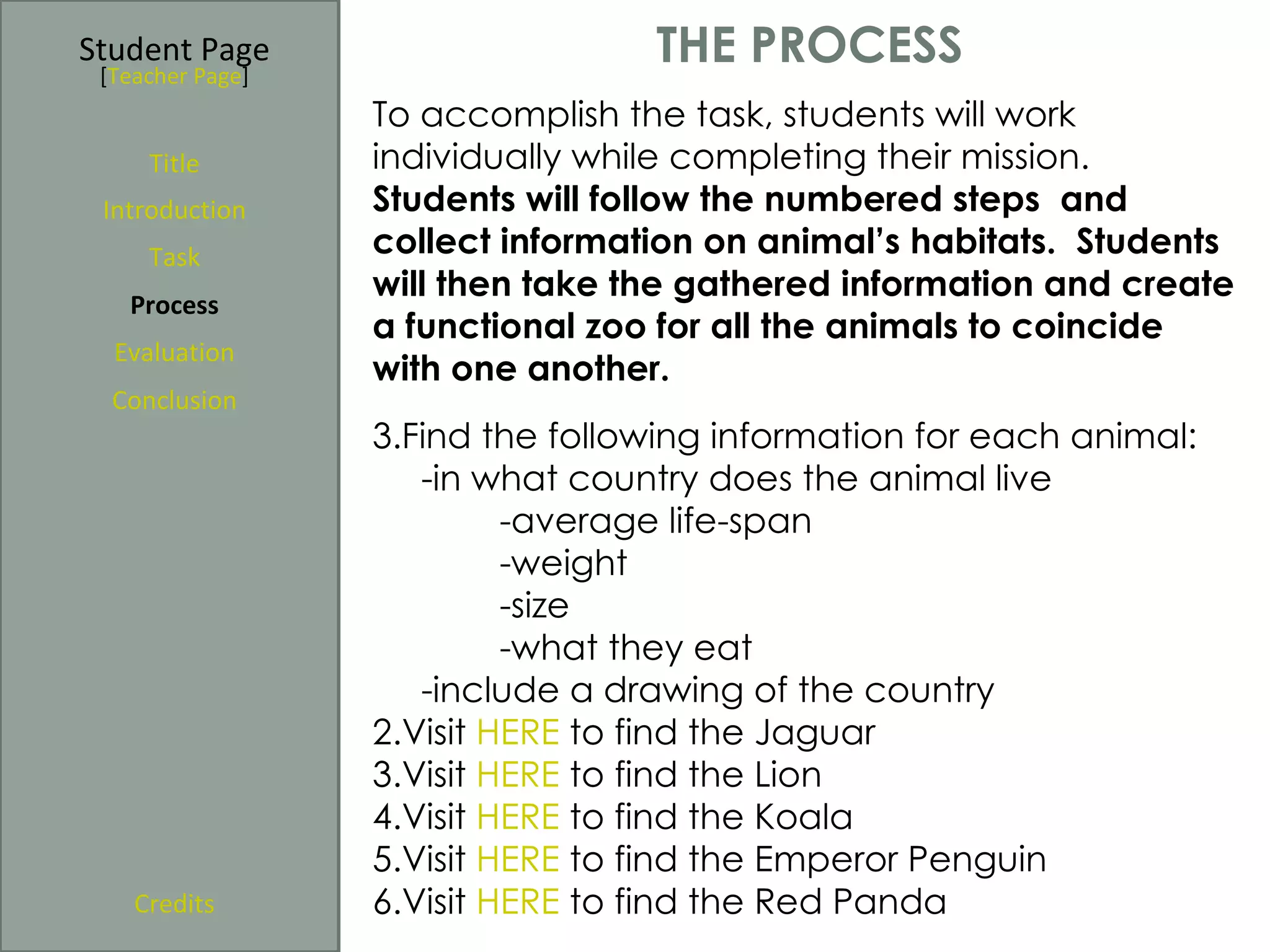 Student Page
 [Teacher Page]
                                  THE PROCESS
                  To accomplish the task, students will work
     Title        individually while completing their mission.
 Introduction     Students will follow the numbered steps and
     Task         collect information on animal’s habitats. Students
                  will then take the gathered information and create
   Process
                  a functional zoo for all the animals to coincide
  Evaluation
                  with one another.
  Conclusion
                  3.Find the following information for each animal:
                     -in what country does the animal live
                           -average life-span
                           -weight
                           -size
                           -what they eat
                     -include a drawing of the country
                  2.Visit HERE to find the Jaguar
                  3.Visit HERE to find the Lion
                  4.Visit HERE to find the Koala
                  5.Visit HERE to find the Emperor Penguin
    Credits       6.Visit HERE to find the Red Panda
 