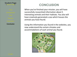 Student Page
 [Teacher Page]
                                   CONCLUSION
     Title        When you’ve finished your mission, you will have
 Introduction     successfully researched information about 5
     Task         interesting animals and their habitats. You also will
   Process
                  have creatively generated a zoo which houses the
                  animals you have found.
  Evaluation
  Conclusion
                  Using the information you found in the websites, you
                  now understand the certain climates and
                  accommodations of each animal you found.




    Credits
 