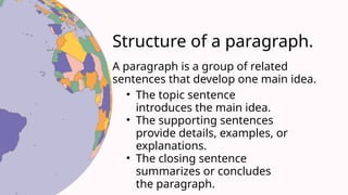 Structure of a paragraph.
A paragraph is a group of related
sentences that develop one main idea.
• The topic sentence
introduces the main idea.
• The supporting sentences
provide details, examples, or
explanations.
• The closing sentence
summarizes or concludes
the paragraph.
 