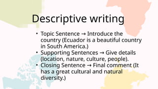 Descriptive writing
• Topic Sentence Introduce the
→
country (Ecuador is a beautiful country
in South America.)
• Supporting Sentences Give details
→
(location, nature, culture, people).
• Closing Sentence Final comment (It
→
has a great cultural and natural
diversity.)
 