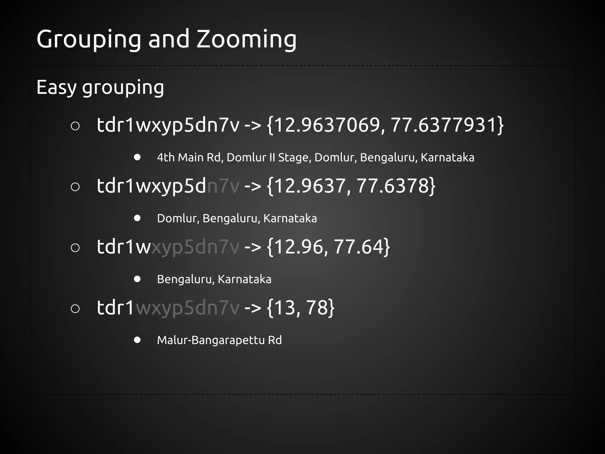 Grouping and Zooming
Easy grouping
   ○ tdr1wxyp5dn7v -> {12.9637069, 77.6377931}
         ●   4th Main Rd, Domlur II Stage, Domlur, Bengaluru, Karnataka

   ○ tdr1wxyp5dn7v -> {12.9637, 77.6378}
         ●   Domlur, Bengaluru, Karnataka

   ○ tdr1wxyp5dn7v -> {12.96, 77.64}
         ●   Bengaluru, Karnataka

   ○ tdr1wxyp5dn7v -> {13, 78}
         ●   Malur-Bangarapettu Rd
 