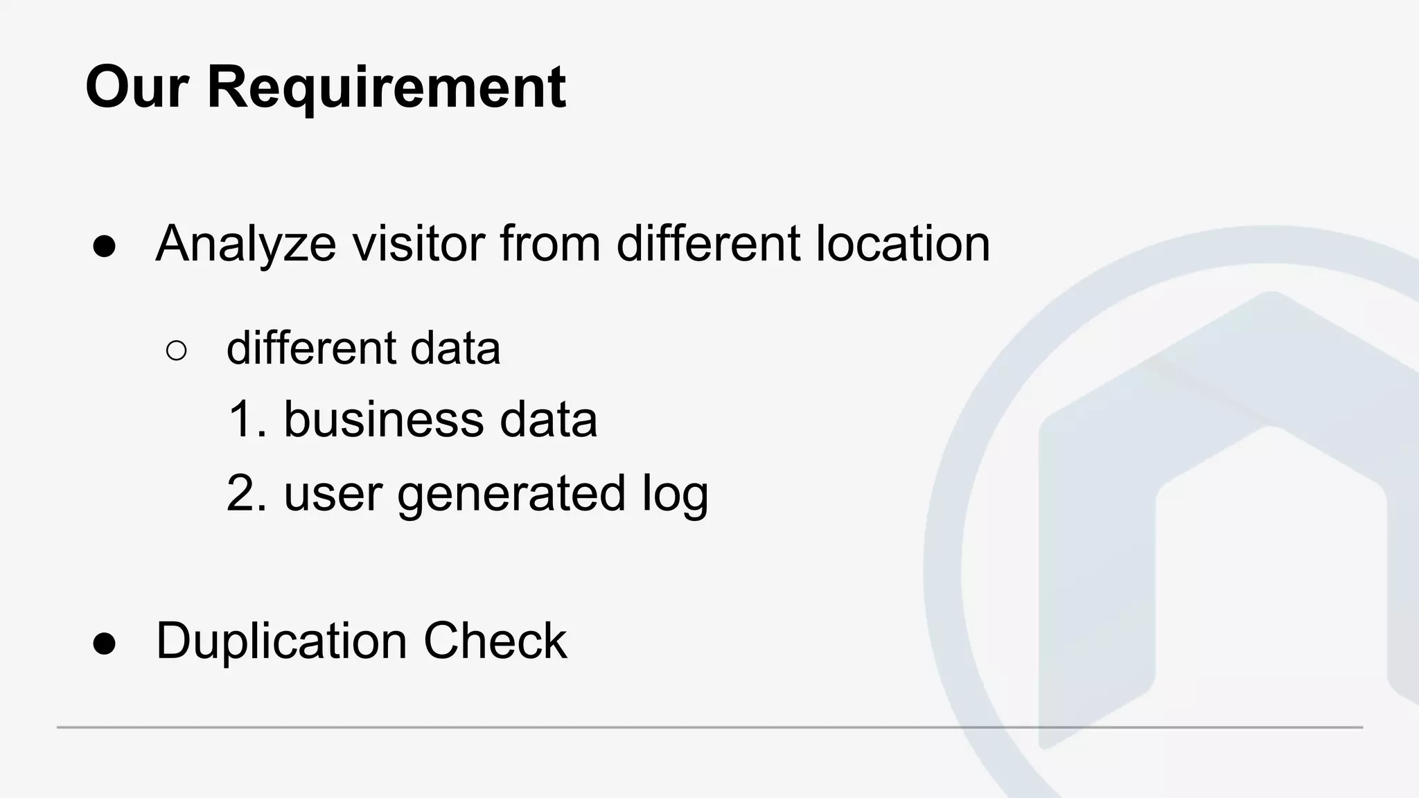Our Requirement
● Analyze visitor from different location
○ different data
1. business data
2. user generated log
● Duplication Check
 