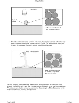 When the material becomes saturated with water, the angle of repose is reduced to very
small values and the material tends to flow like a fluid. This is because the water gets
between the grains and eliminates grain to grain frictional contact.
Another aspect of water that affects slope stability is fluid pressure. In some cases fluid
pressure can build in such a way that water can support the weight of the overlying rock mass.
When this occurs, friction is reduced, and thus the shear strength holding the material on the
slope is also reduced, resulting in slope failure.
Slope Stabity
3/9/2004Page 3 of 12
 