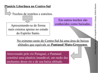 ParteintegrantedaobraGeografiaHomemeEspaço,EditoraSaraiva
Planície Litorânea no Centro-Sul
Trechos de restritos e estreitos.
Apresentando-se de forma
mais extensa apenas no estado
do Espírito Santo.
Em outros trechos são
conhecidos como baixadas.
Atravessado pelo rio Paraguai, o Pantanal
constitui uma planície inundável, em razão das
enchentes desse rio e de sua baixa altitude.
No extremo oeste do Centro-Sul há uma área de baixas
altitudes que equivale ao Pantanal Mato-Grossense.
 