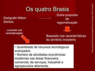Os quatro BrasisOs quatro Brasis
ParteintegrantedaobraGeografiahomem&espaço,EditoraSaraiva
Geógrafo Milton
Santos
Baseada nas características
do território brasileiro
• Quantidade de recursos tecnológicos
avançados.
• Número de atividades econômicas
modernas nas áreas financeira,
comercial, de serviços, industrial e
agropecuária altamente.
Outra proposta
de
regionalização
Levando em
consideração:
 