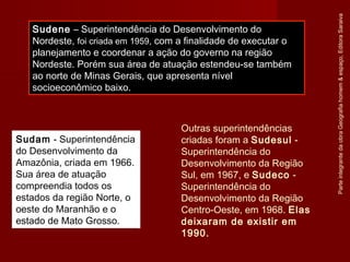 ParteintegrantedaobraGeografiahomem&espaço,EditoraSaraiva
Sudene – Superintendência do Desenvolvimento do
Nordeste, foi criada em 1959, com a finalidade de executar o
planejamento e coordenar a ação do governo na região
Nordeste. Porém sua área de atuação estendeu-se também
ao norte de Minas Gerais, que apresenta nível
socioeconômico baixo.
Sudam - Superintendência
do Desenvolvimento da
Amazônia, criada em 1966.
Sua área de atuação
compreendia todos os
estados da região Norte, o
oeste do Maranhão e o
estado de Mato Grosso.
Outras superintendências
criadas foram a Sudesul -
Superintendência do
Desenvolvimento da Região
Sul, em 1967, e Sudeco -
Superintendência do
Desenvolvimento da Região
Centro-Oeste, em 1968. Elas
deixaram de existir em
1990.
 