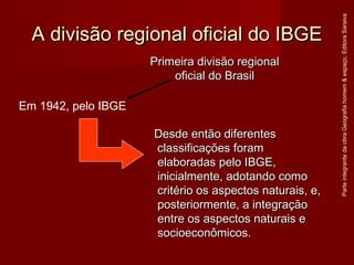 A divisão regional oficial do IBGEA divisão regional oficial do IBGE
Desde então diferentesDesde então diferentes
classificações foramclassificações foram
elaboradas pelo IBGE,elaboradas pelo IBGE,
inicialmente, adotando comoinicialmente, adotando como
critério os aspectos naturais, e,critério os aspectos naturais, e,
posteriormente, a integraçãoposteriormente, a integração
entre os aspectos naturais eentre os aspectos naturais e
socioeconômicos.socioeconômicos.
ParteintegrantedaobraGeografiahomem&espaço,EditoraSaraiva
Primeira divisão regionalPrimeira divisão regional
oficial do Brasiloficial do Brasil
Em 1942, pelo IBGE
 