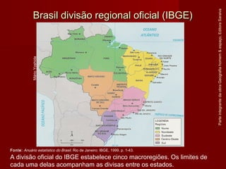 Brasil divisão regional oficial (IBGE)Brasil divisão regional oficial (IBGE)
ParteintegrantedaobraGeografiahomem&espaço,EditoraSaraiva
Fonte: Anuário estatístico do Brasil. Rio de Janeiro: IBGE, 1999. p. 1-43.
A divisão oficial do IBGE estabelece cinco macroregiões. Os limites de
cada uma delas acompanham as divisas entre os estados.
MárioYoshida
 