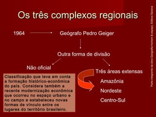 Os três complexos regionaisOs três complexos regionais
ParteintegrantedaobraGeografiahomem&espaço,EditoraSaraiva
1964 Geógrafo Pedro Geiger
Outra forma de divisão
Não oficial
Três áreas extensas
Amazônia
Nordeste
Centro-Sul
Classificação que leva em conta
a formação histórico-econômica
do país. Considera também a
recente modernização econômica
que ocorreu no espaço urbano e
no campo e estabeleceu novas
formas de vínculo entre os
lugares do território brasileiro.
 