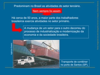 ParteintegrantedaobraGeografiaHomemeEspaço,EditoraSaraiva
A mudança de um setor para o outro decorreu do
processo de industrialização e modernização da
economia e da sociedade brasileira.
Predominam no Brasil as atividades do setor terciário.
Nem sempre foi assim:
Há cerca de 50 anos, a maior parte dos trabalhadores
brasileiros exercia atividades no setor primário.
Transporte de contêiner
no porto de Santos (SP).
AgênciaEstado
 