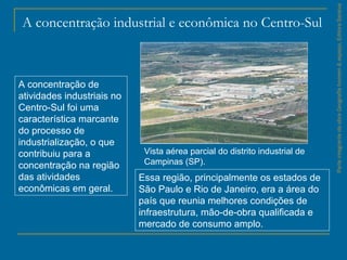 ParteintegrantedaobraGeografiahomem&espaço,EditoraSaraiva
A concentração industrial e econômica no Centro-Sul
A concentração de
atividades industriais no
Centro-Sul foi uma
característica marcante
do processo de
industrialização, o que
contribuiu para a
concentração na região
das atividades
econômicas em geral.
Essa região, principalmente os estados de
São Paulo e Rio de Janeiro, era a área do
país que reunia melhores condições de
infraestrutura, mão-de-obra qualificada e
mercado de consumo amplo.
Vista aérea parcial do distrito industrial de
Campinas (SP).
 