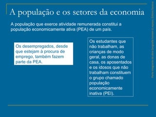 ParteintegrantedaobraGeografiahomem&espaço,EditoraSaraiva
A população e os setores da economia
A população que exerce atividade remunerada constitui a
população economicamente ativa (PEA) de um país.
Os desempregados, desde
que estejam à procura de
emprego, também fazem
parte da PEA.
Os estudantes que
não trabalham, as
crianças de modo
geral, as donas de
casa, os aposentados
e os idosos que não
trabalham constituem
o grupo chamado
população
economicamente
inativa (PEI).
 