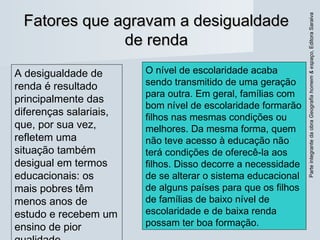 ParteintegrantedaobraGeografiahomem&espaço,EditoraSaraiva
Fatores que agravam a desigualdadeFatores que agravam a desigualdade
de rendade renda
A desigualdade de
renda é resultado
principalmente das
diferenças salariais,
que, por sua vez,
refletem uma
situação também
desigual em termos
educacionais: os
mais pobres têm
menos anos de
estudo e recebem um
ensino de pior
O nível de escolaridade acaba
sendo transmitido de uma geração
para outra. Em geral, famílias com
bom nível de escolaridade formarão
filhos nas mesmas condições ou
melhores. Da mesma forma, quem
não teve acesso à educação não
terá condições de oferecê-la aos
filhos. Disso decorre a necessidade
de se alterar o sistema educacional
de alguns países para que os filhos
de famílias de baixo nível de
escolaridade e de baixa renda
possam ter boa formação.
 