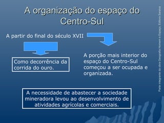 ParteintegrantedaobraGeografiaHomemeEspaço,EditoraSaraiva
A organização do espaço doA organização do espaço do
Centro-SulCentro-Sul
A porção mais interior do
espaço do Centro-Sul
começou a ser ocupada e
organizada.
A partir do final do século XVII
Como decorrência da
corrida do ouro.
A necessidade de abastecer a sociedade
mineradora levou ao desenvolvimento de
atividades agrícolas e comerciais.
 