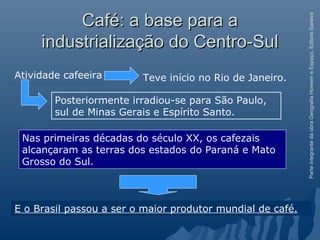 ParteintegrantedaobraGeografiaHomemeEspaço,EditoraSaraiva
Café: a base para aCafé: a base para a
industrialização do Centro-Sulindustrialização do Centro-Sul
Nas primeiras décadas do século XX, os cafezais
alcançaram as terras dos estados do Paraná e Mato
Grosso do Sul.
Atividade cafeeira Teve início no Rio de Janeiro.
Posteriormente irradiou-se para São Paulo,
sul de Minas Gerais e Espírito Santo.
E o Brasil passou a ser o maior produtor mundial de café.
 