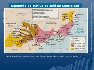 ParteintegrantedaobraGeografiaHomemeEspaço,EditoraSaraiva
Expansão do cultivo de café no Centro-Sul
MárioYoshida
Fonte: João Antonio Rodrigues. Atlas para Estudos Sociais. Rio de Janeiro: Ao Livro Técnico, 1977.
 