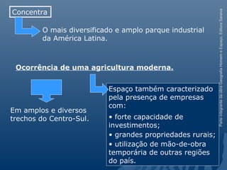ParteintegrantedaobraGeografiaHomemeEspaço,EditoraSaraiva
Espaço também caracterizado
pela presença de empresas
com:
• forte capacidade de
investimentos;
• grandes propriedades rurais;
• utilização de mão-de-obra
temporária de outras regiões
do país.
Concentra
O mais diversificado e amplo parque industrial
da América Latina.
Ocorrência de uma agricultura moderna.
Em amplos e diversos
trechos do Centro-Sul.
 