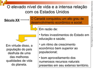 ParteintegrantedaobraGeografiaHomemeEspaço,EditoraSaraiva
O elevado nível de vida e a intensa relação
com os Estados Unidos
Em virtude disso, a
população do país
desfruta de uma
das melhores
qualidades de vida
do planeta.
Século XX O Canadá conquistou um alto grau de
desenvolvimento econômico e social.
Em razão de:
• fortes investimentos do Estado em
educação e saúde;
• um ritmo de crescimento
econômico bem superior ao
populacional;
• bom aproveitamento dos
numerosos recursos naturais
presentes em seu extenso território.
 