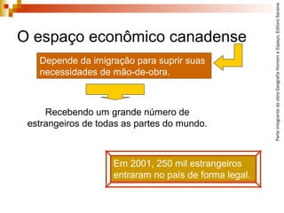 ParteintegrantedaobraGeografiaHomemeEspaço,EditoraSaraiva
O espaço econômico canadense
Em 2001, 250 mil estrangeiros
entraram no país de forma legal.
Depende da imigração para suprir suas
necessidades de mão-de-obra.
Recebendo um grande número de
estrangeiros de todas as partes do mundo.
 