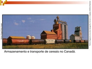 ParteintegrantedaobraGeografiaHomemeEspaço,EditoraSaraiva
Armazenamento e transporte de cereais no Canadá.
DarwinWigget/GettyImages
 