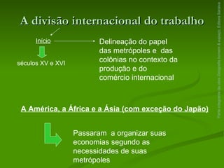 A divisão internacional do trabalho Parte integrante da obra  Geografia homem & espaço , Editora Saraiva Início   séculos XV e XVI Delineação do papel das metrópoles e  das colônias no contexto da produção e do comércio internacional A América, a África e a Ásia (com exceção do Japão) Passaram  a organizar suas economias segundo as necessidades de suas metrópoles 