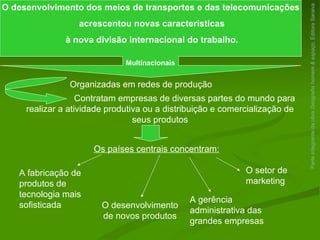 Parte integrante da obra  Geografia homem & espaço , Editora Saraiva O desenvolvimento dos meios de transportes e das telecomunicações acrescentou novas características à nova divisão internacional do trabalho. Organizadas em redes de produção   Contratam empresas de diversas partes do mundo para realizar a atividade produtiva ou a distribuição e comercialização de seus produtos Os países centrais concentram: A fabricação de produtos de tecnologia mais sofisticada O desenvolvimento de novos produtos O setor de marketing A gerência administrativa das grandes empresas Multinacionais 