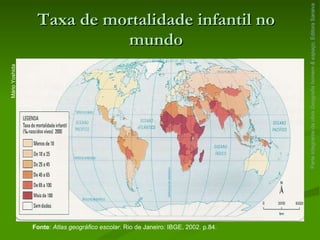 Taxa de mortalidade infantil no mundo Parte integrante da obra  Geografia homem & espaço , Editora Saraiva Mário Yoshida Fonte :  Atlas geográfico escolar.  Rio de Janeiro: IBGE, 2002. p.84. 