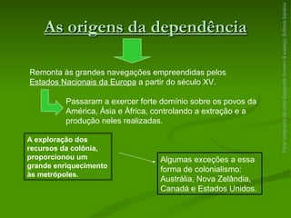 As origens da dependência Parte integrante da obra  Geografia homem & espaço , Editora Saraiva Remonta às grandes navegações empreendidas pelos  Estados Nacionais da Europa  a partir do século XV. Passaram a exercer forte domínio sobre os povos da América, Ásia e África, controlando a extração e a produção neles realizadas. A exploração dos recursos da colônia, proporcionou um grande enriquecimento às metrópoles. Algumas exceções a essa forma de colonialismo: Austrália, Nova Zelândia, Canadá e Estados Unidos. 