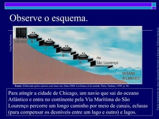 ParteintegrantedaobraGeografiaHomemeEspaço,EditoraSaraiva
Observe o esquema.
CasaPaulistana
Fonte: Elaborado pelos autores com base em Atlas 2000. La France et le monde. Paris: Nathan, 1999. p. 96.
Para atingir a cidade de Chicago, um navio que sai do oceano
Atlântico e entra no continente pela Via Marítima do São
Lourenço percorre um longo caminho por meio de canais, eclusas
(para compensar os desníveis entre um lago e outro) e lagos.
 