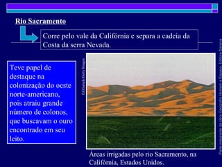ParteintegrantedaobraGeografiaHomemeEspaço,EditoraSaraiva
Rio Sacramento
Áreas irrigadas pelo rio Sacramento, na
Califórnia, Estados Unidos.
EdGarack/GettyImages
Teve papel de
destaque na
colonização do oeste
norte-americano,
pois atraiu grande
número de colonos,
que buscavam o ouro
encontrado em seu
leito.
Corre pelo vale da Califórnia e separa a cadeia da
Costa da serra Nevada.
 