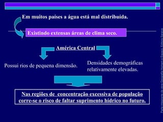ParteintegrantedaobraGeografiaHomemeEspaço,EditoraSaraiva
Nas regiões de concentração excessiva de população
corre-se o risco de faltar suprimento hídrico no futuro.
Em muitos países a água está mal distribuída.
Existindo extensas áreas de clima seco.
América Central
Possui rios de pequena dimensão.
Densidades demográficas
relativamente elevadas.
 