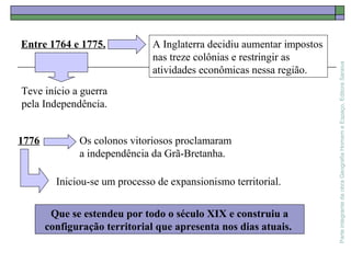 ParteintegrantedaobraGeografiaHomemeEspaço,EditoraSaraiva
Que se estendeu por todo o século XIX e construiu a
configuração territorial que apresenta nos dias atuais.
Entre 1764 e 1775. A Inglaterra decidiu aumentar impostos
nas treze colônias e restringir as
atividades econômicas nessa região.
Teve início a guerra
pela Independência.
1776 Os colonos vitoriosos proclamaram
a independência da Grã-Bretanha.
Iniciou-se um processo de expansionismo territorial.
 