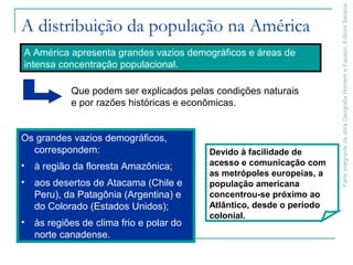 ParteintegrantedaobraGeografiaHomemeEspaço,EditoraSaraiva
A distribuição da população na América
Os grandes vazios demográficos,
correspondem:
• à região da floresta Amazônica;
• aos desertos de Atacama (Chile e
Peru), da Patagônia (Argentina) e
do Colorado (Estados Unidos);
• às regiões de clima frio e polar do
norte canadense.
Devido à facilidade de
acesso e comunicação com
as metrópoles europeias, a
população americana
concentrou-se próximo ao
Atlântico, desde o período
colonial.
A América apresenta grandes vazios demográficos e áreas de
intensa concentração populacional.
Que podem ser explicados pelas condições naturais
e por razões históricas e econômicas.
 