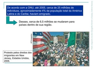 ParteintegrantedaobraGeografiaHomemeEspaço,EditoraSaraiva
De acordo com a ONU, até 2005, cerca de 25 milhões de
indivíduos, aproximadamente 4% da população total da América
Latina e do Caribe, haviam emigrado.
Desses, cerca de 6,5 milhões se mudaram para
países dentro de sua região.
Protesto pelos direitos dos
imigrantes em New
Jersey, Estados Unidos,
2006.
AP/Imageplus
 