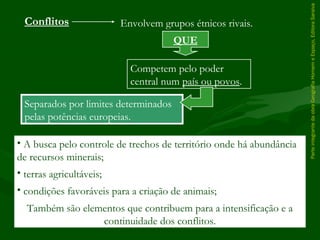 ParteintegrantedaobraGeografiaHomemeEspaço,EditoraSaraiva
Separados por limites determinados
pelas potências europeias.
• A busca pelo controle de trechos de território onde há abundância
de recursos minerais;
• terras agricultáveis;
• condições favoráveis para a criação de animais;
Também são elementos que contribuem para a intensificação e a
continuidade dos conflitos.
Conflitos Envolvem grupos étnicos rivais.
QUE
Competem pelo poder
central num país ou povos.
 