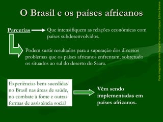 ParteintegrantedaobraGeografiaHomemeEspaço,EditoraSaraiva
O Brasil e os países africanosO Brasil e os países africanos
Experiências bem-sucedidas
no Brasil nas áreas de saúde,
no combate à fome e outras
formas de assistência social
Parcerias Que intensifiquem as relações econômicas com
países subdesenvolvidos.
Podem surtir resultados para a superação dos diversos
problemas que os países africanos enfrentam, sobretudo
os situados ao sul do deserto do Saara.
Vêm sendo
implementadas em
países africanos.
 