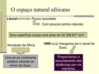 ParteintegrantedaobraGeografiaHomem&Espaço,EditoraSaraiva
O espaço natural africano
Proporcionou o
encurtamento das
distâncias por via
marítima.
Litoral Pouco recortado
Com poucos portos naturais
Sua superfície ocupa uma área de 30 309 677 km².
Nordeste da África
Une-se ao continente
asiático através do
istmo de Suez.
1869 Inaugurou-se o canal de
Suez.
 