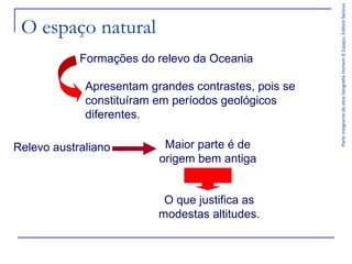 ParteintegrantedaobraGeografiaHomem&Espaço,EditoraSaraiva
O espaço natural
Formações do relevo da Oceania
Apresentam grandes contrastes, pois se
constituíram em períodos geológicos
diferentes.
Relevo australiano Maior parte é de
origem bem antiga
O que justifica as
modestas altitudes.
 