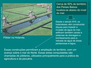 ParteintegrantedaobraGeografiahomem&espaço,EditoraSaraiva
Pôlder na Holanda.
K.M.Westermann/Corbis/LatinStock
Essas construções permitiram a ampliação do território, com um
avanço sobre o mar do Norte. Essas áreas conquistadas são
chamadas de pôlderes, utilizados principalmente para a prática da
agricultura e da pecuária.
Cerca de 50% do território
dos Países Baixos
localiza-se abaixo do nível
do mar.
Desde o século XVII, os
holandeses vêm construindo
diques para impedir a
invasão da água do mar;
edificam também canais e
sistemas de drenagem e
bombeamento para a
retirada da água de áreas
pantanosas e lagos.
 